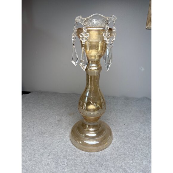 Vintage Amber Glass Candle Holder with Crystal Dangles 13.5" - Picture 14 of 15